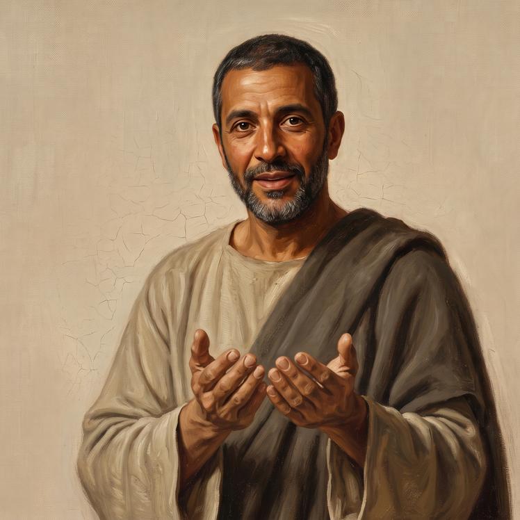 Fidelis: a North African bishop in late middle age, olive-to-brown complexion, short close-cropped dark hair and beard touched with grey, in plain unbleached wool garments with no jewelry, both bare hands cupped together at his chest as though administering a rite, painted against a warm neutral ground.