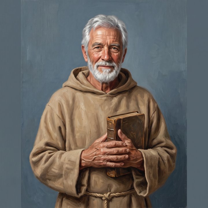 Renatus: an older man with white, close-cropped hair in a plain undyed wool robe with a rope belt, holding a closed psalter in both hands at his chest, painted against a warm neutral ground.