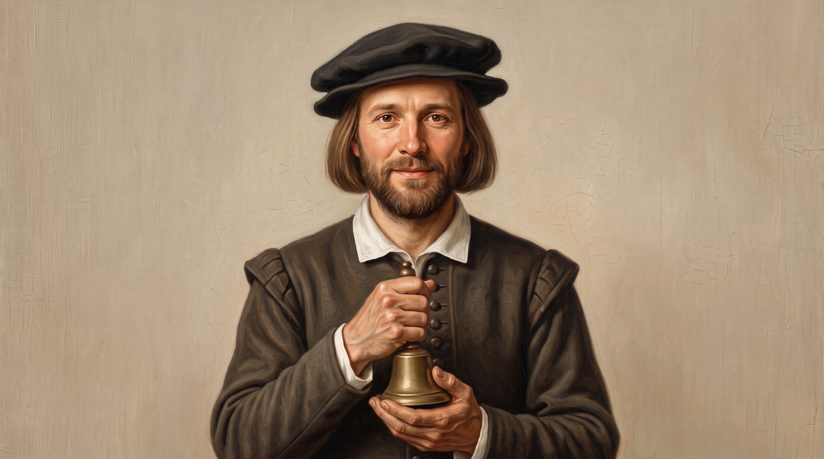 Nikolaus: a Wittenberg sexton-schoolmaster of the German Reformation era in early middle age, of fair-to-medium Northern-European complexion, with light brown hair cut to the jaw and a modest, neatly trimmed brown beard, wearing a dark brown wool doublet with a row of small buttons over a plain white linen shirt at a flat collar, a small dark wool cap, no jewelry, holding a plain bronze hand bell upright in both hands at his chest, facing the viewer directly against a plain warm neutral background.