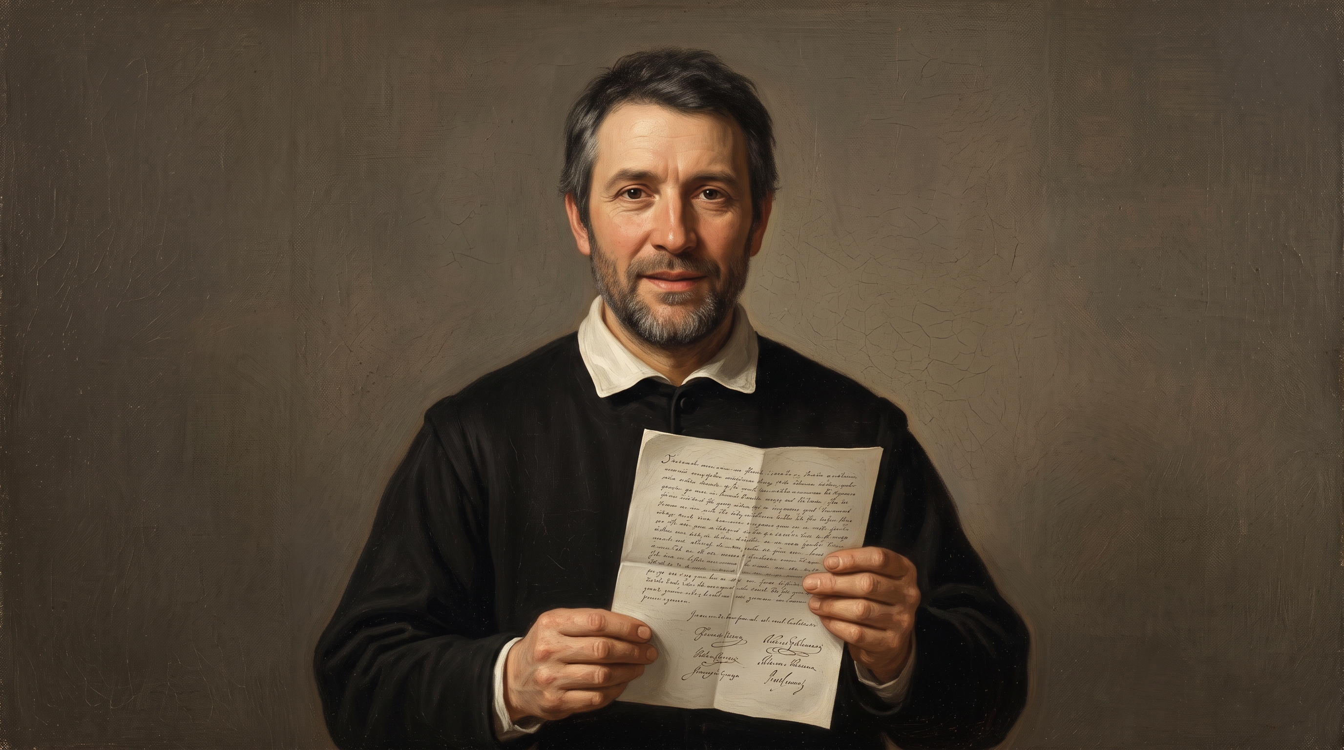 Theophilus: a Reformed pastor of 16th-century Switzerland in settled middle age, of Central/Western European appearance, with a plain complexion and a modest, close-cropped beard, wearing a plain black wool preaching gown over a simple shirt with a plain white collar, no vestments, no jewelry, holding a single open sheet of paper in both hands at his chest, facing the viewer directly against a plain neutral dark background.