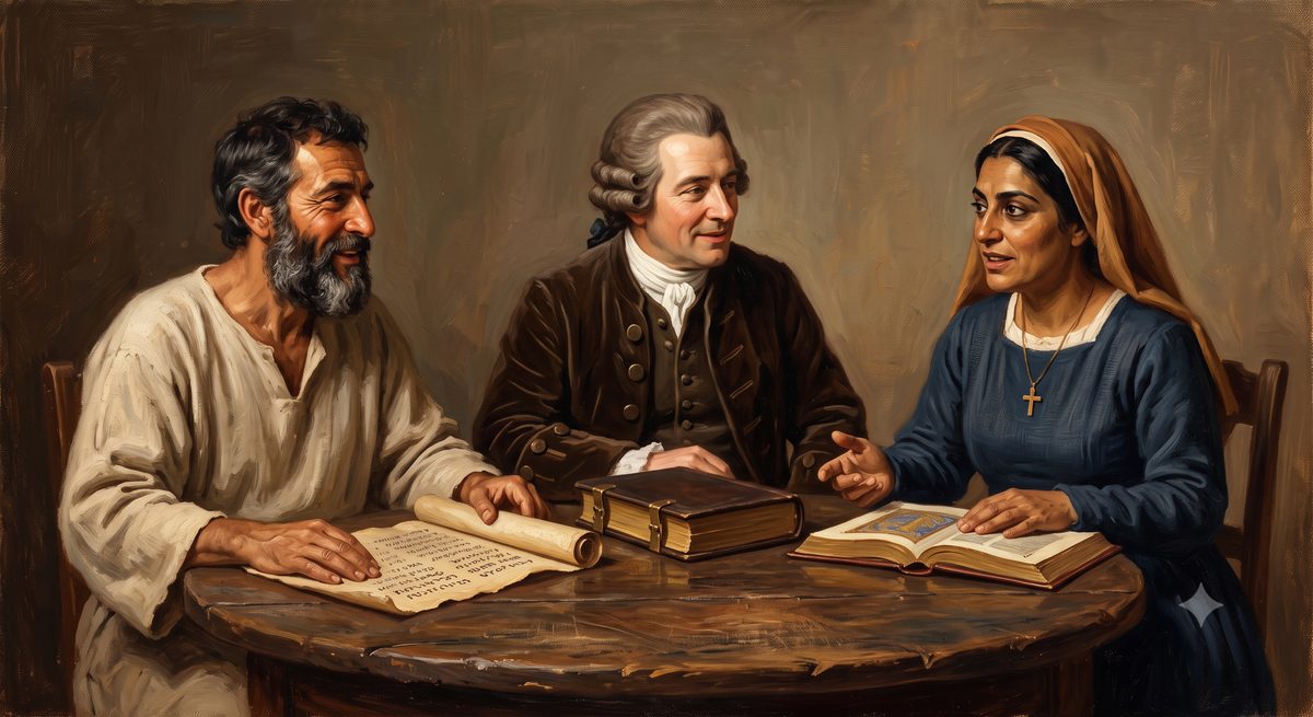 A painted portrait of three representatives seated together at a round table, a scroll and open books before them